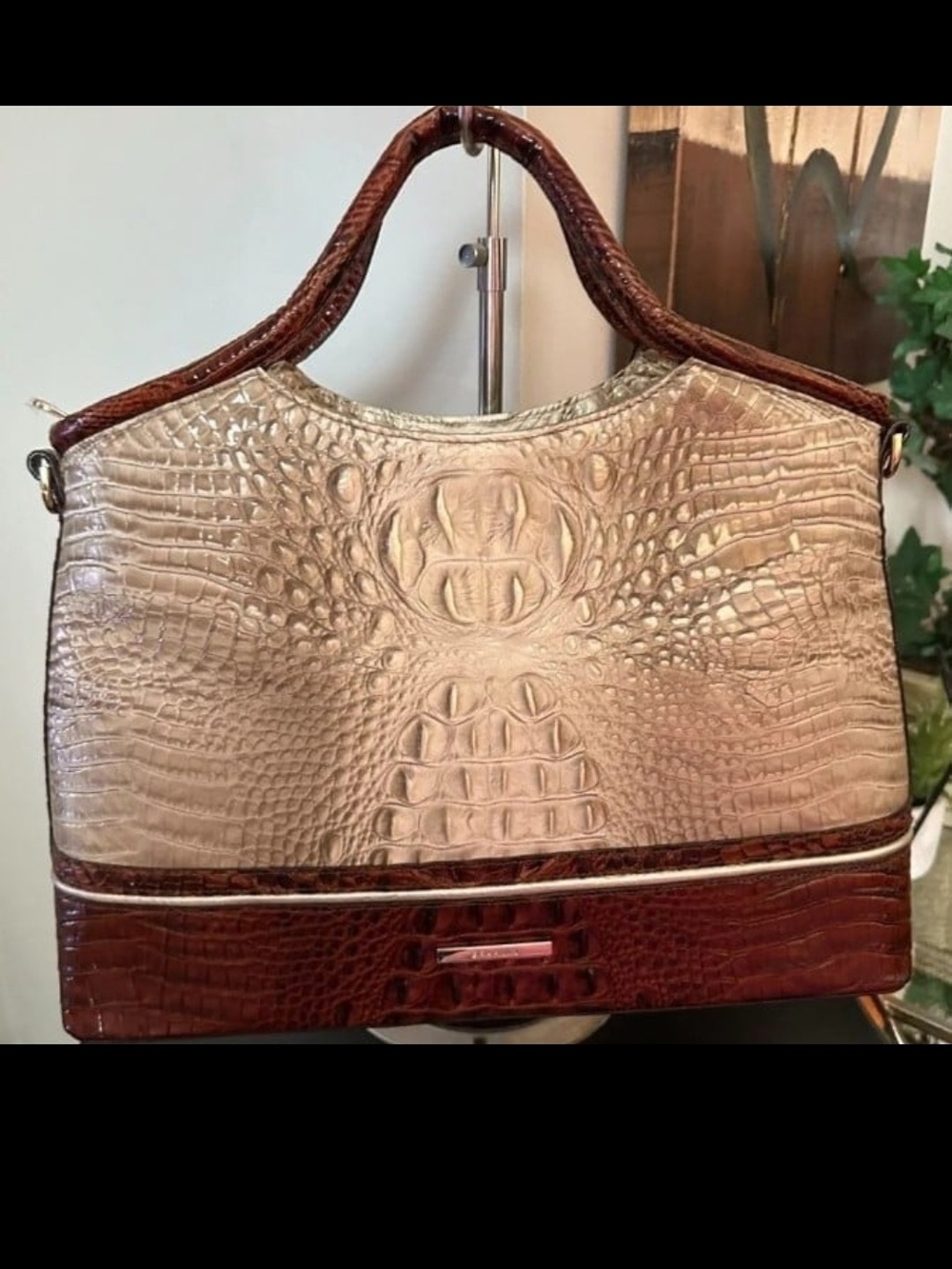 Brahmin Two-Tone Croc-Embossed Satchel - Beige & Brown